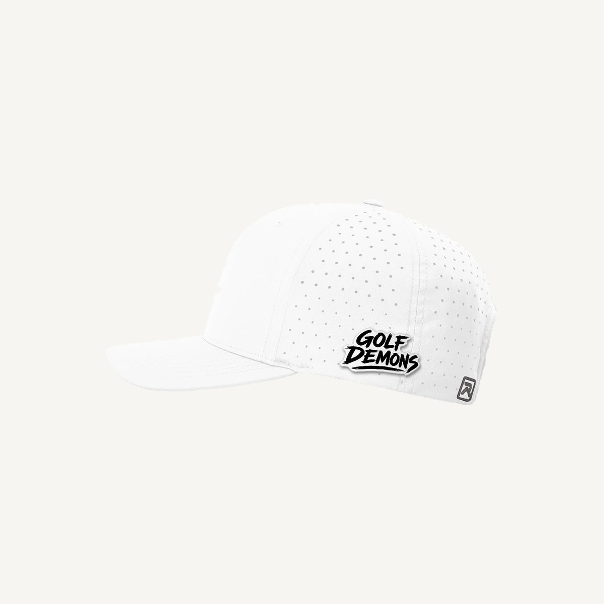 Golf Demons wordmark patch on a Richardson 632 hat in White — side