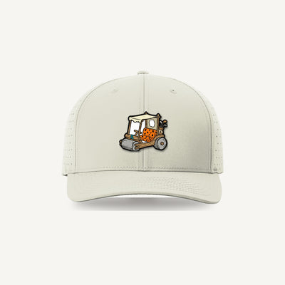 Golf Demons Stone Age patch on a Richardson 632 hat in Oat Milk — front
