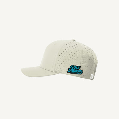 Golf Demons wordmark patch on a Richardson 632 hat in Oat Milk — side