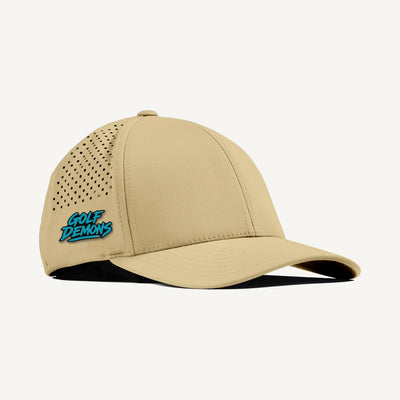 Golf Demons wordmark patch on a Branded Bills 500 hat in Desert — side