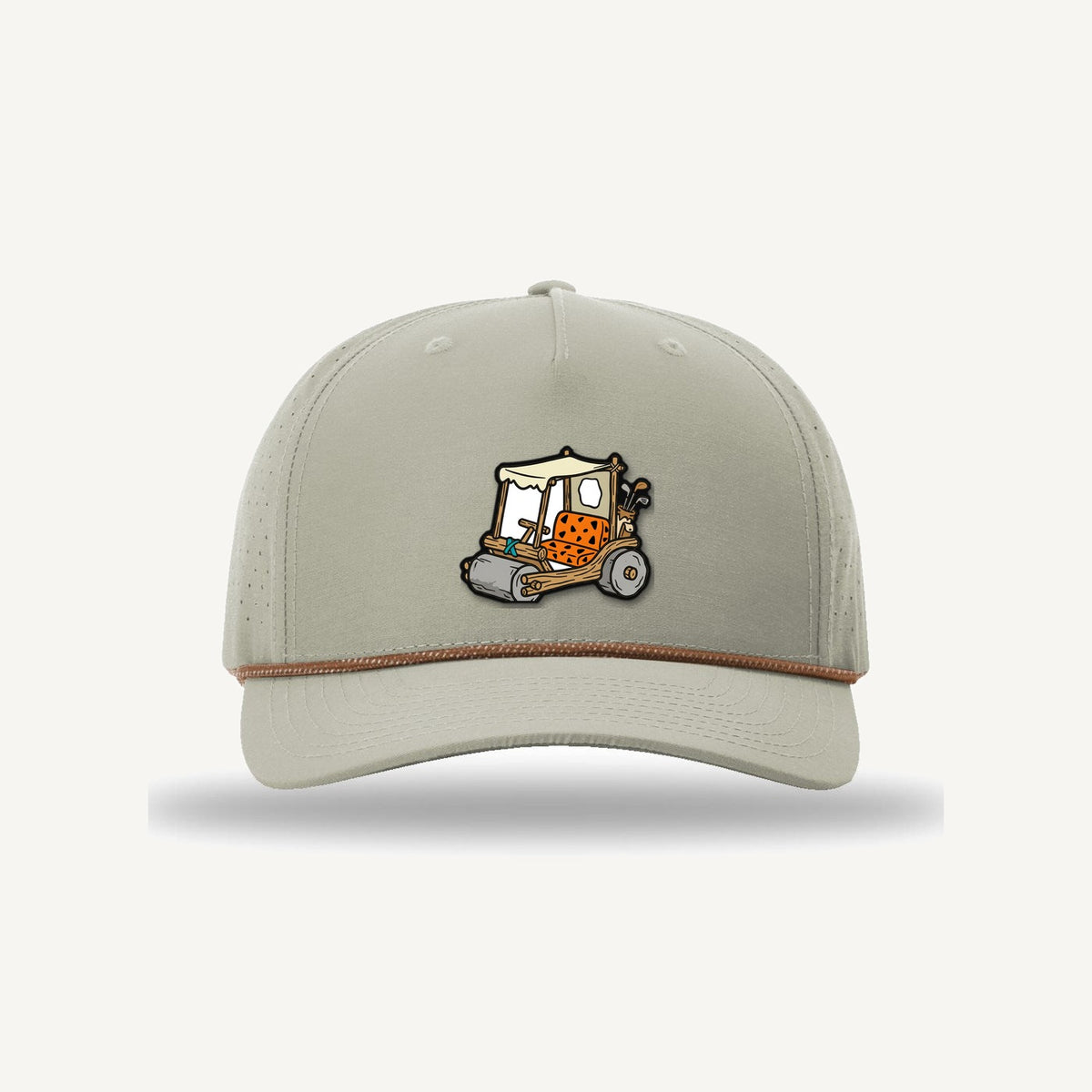 Golf Demons Stone Age patch on a Richardson 355 hat in Trench Coat/Russet-Grey — front