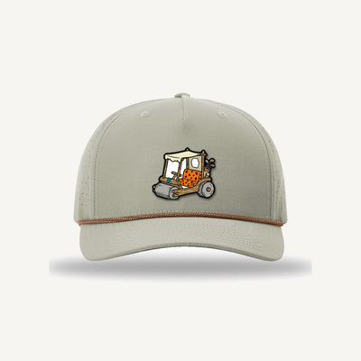 Golf Demons Stone Age patch on a Richardson 355 hat in Trench Coat/Russet-Grey — front