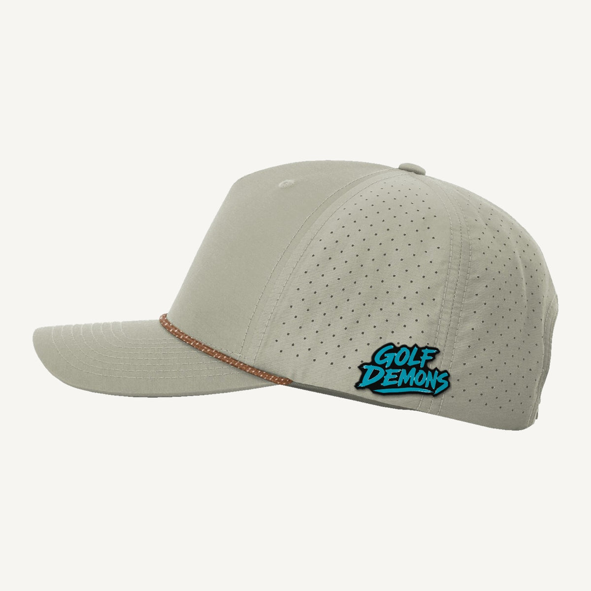 Golf Demons wordmark patch on a Richardson 355 hat in Trench Coat/Russet-Grey — side