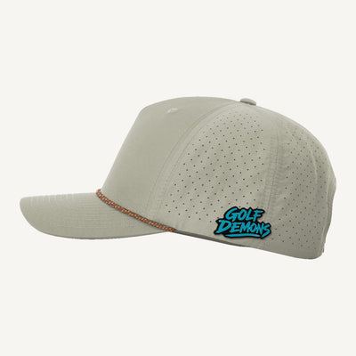 Golf Demons wordmark patch on a Richardson 355 hat in Trench Coat/Russet-Grey — side