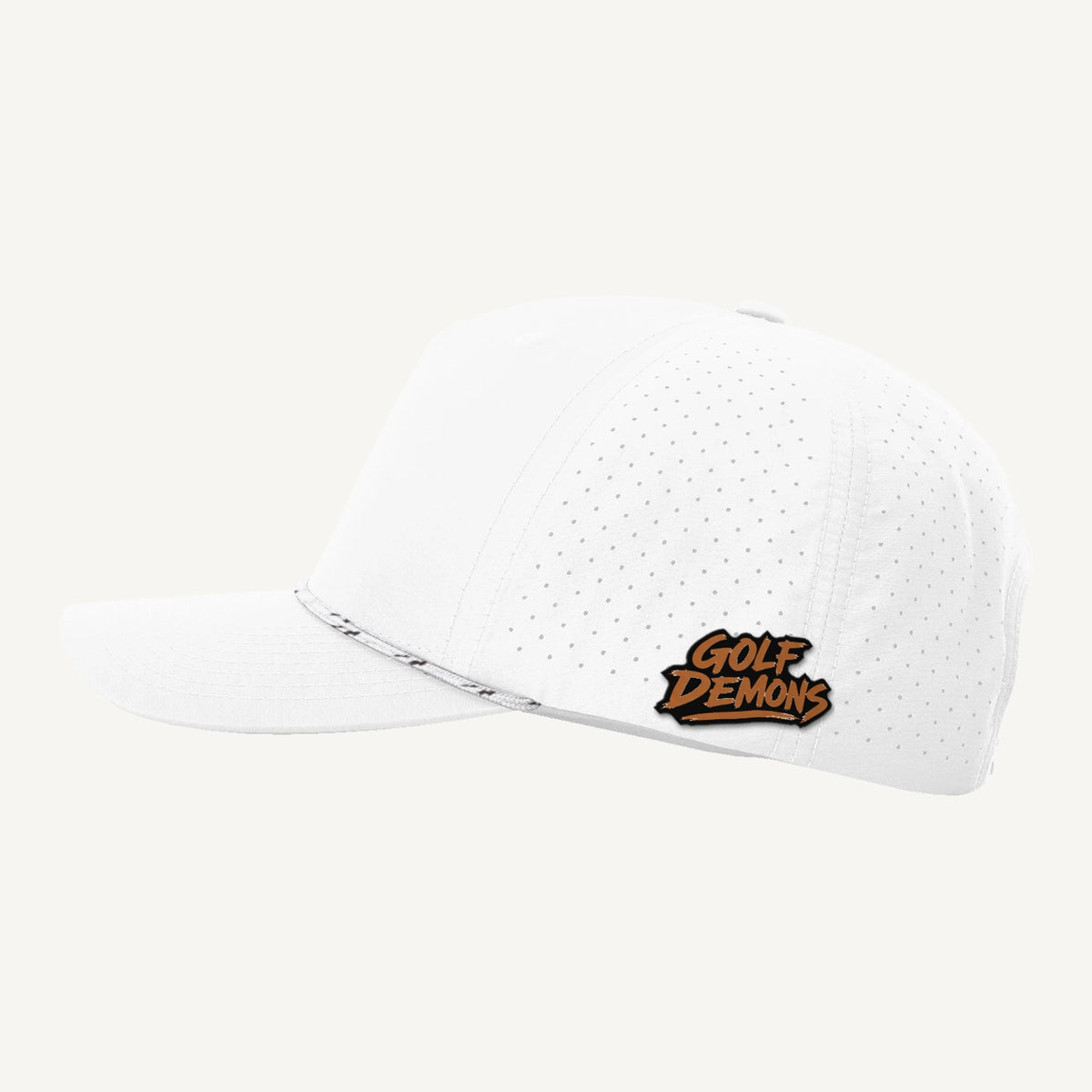 Golf Demons wordmark patch on a Richardson 355 hat in White/White-Black — side