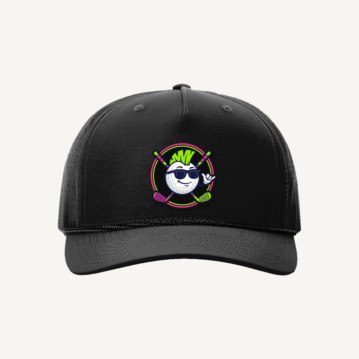 Golf Demons Bob and Crossed Clubs patch on a Richardson 355 hat in Black/Black-Grey — front