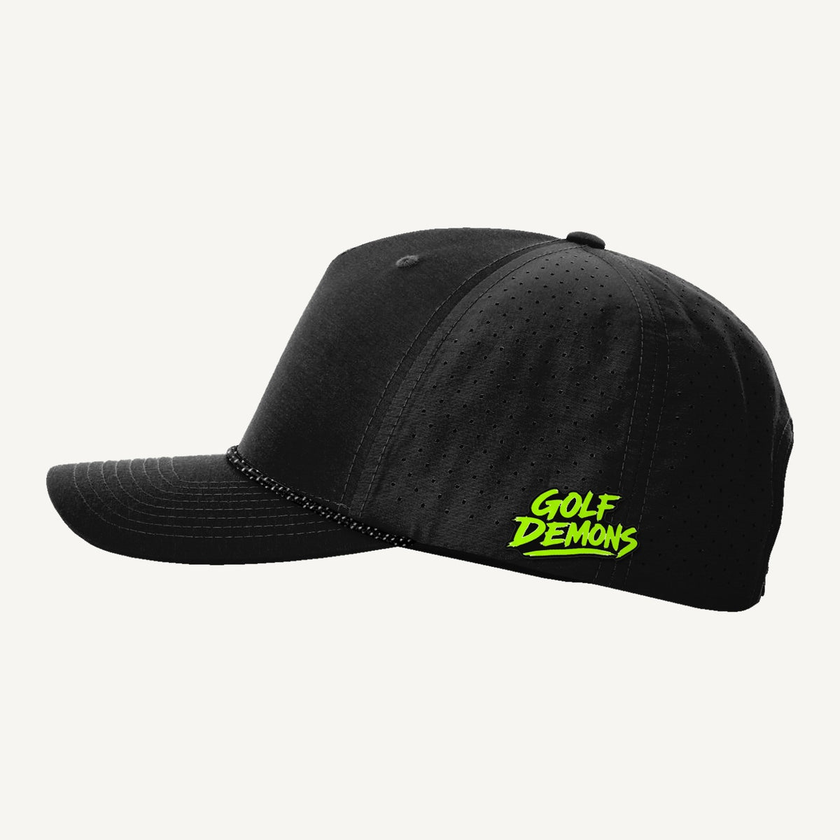 Golf Demons wordmark patch on a Richardson 355 hat in Black/Black-Grey — side