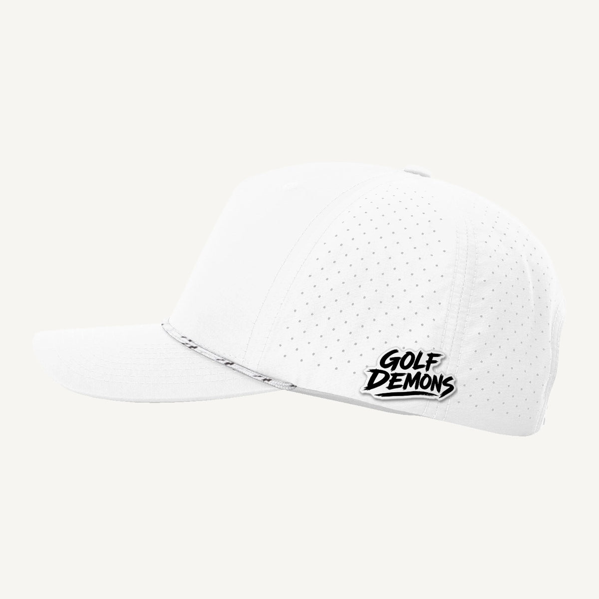 Golf Demons wordmark patch on a Richardson 355 hat in White/White-Black — side