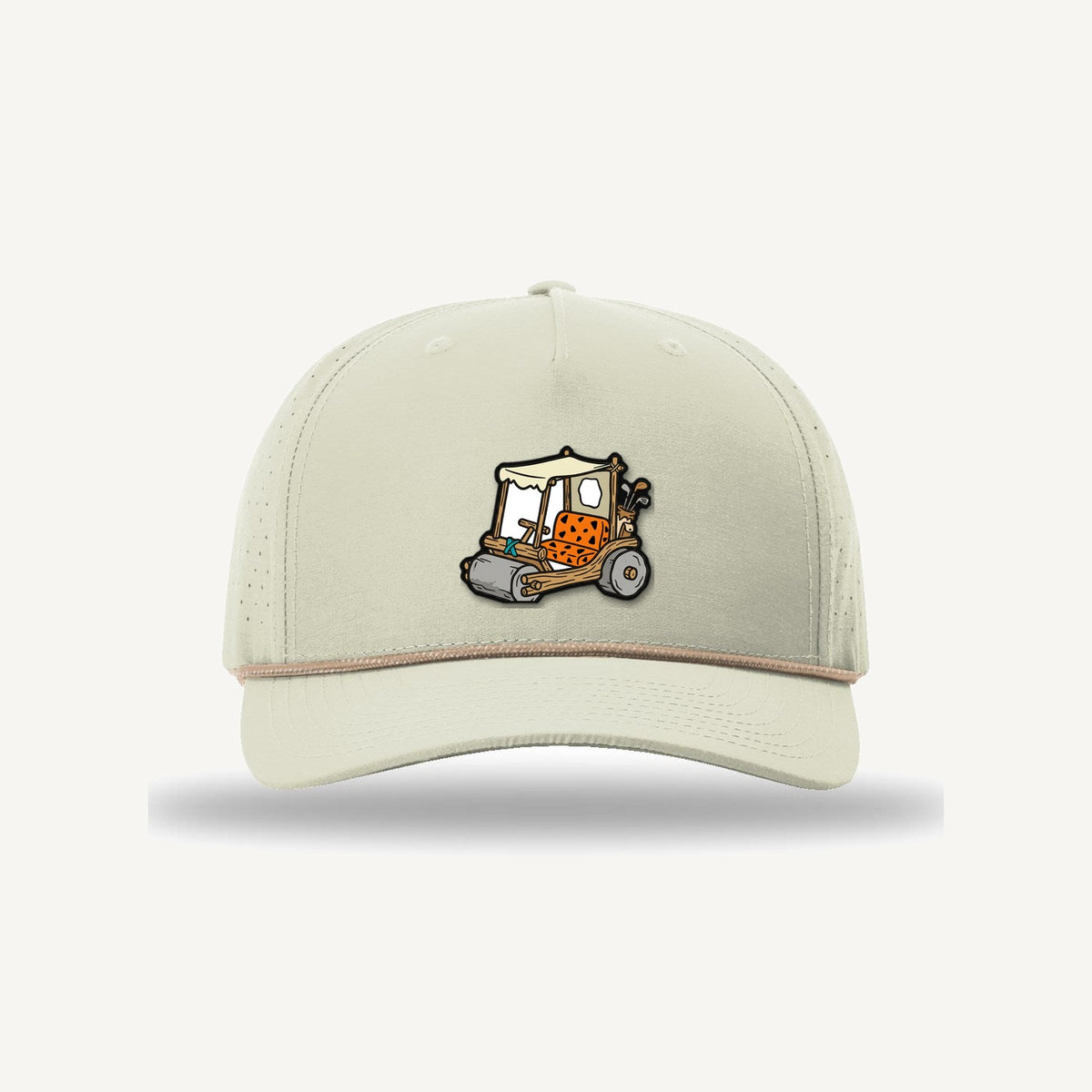 Golf Demons Stone Age patch on a Richardson 355 hat in Oat Milk/Elmwood-White — front