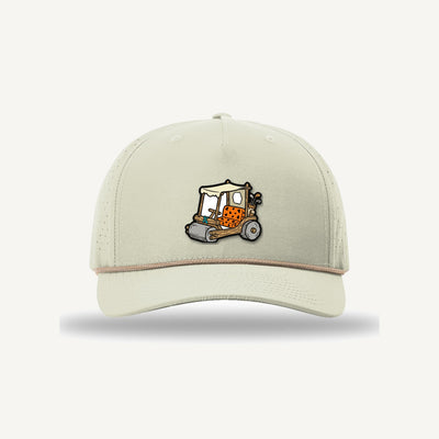 Golf Demons Stone Age patch on a Richardson 355 hat in Oat Milk/Elmwood-White — front