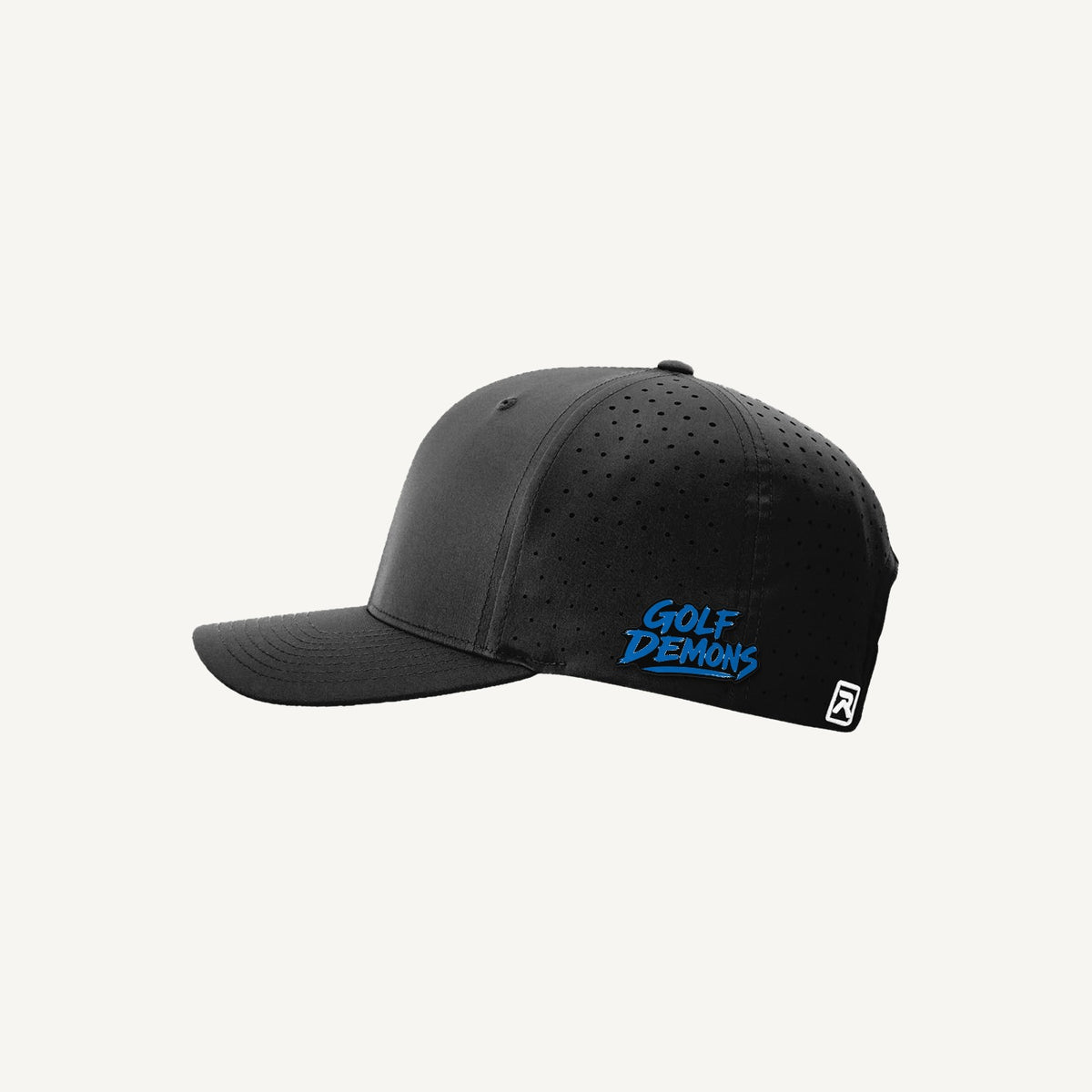 Golf Demons wordmark patch on a Richardson 632 hat in Black — side