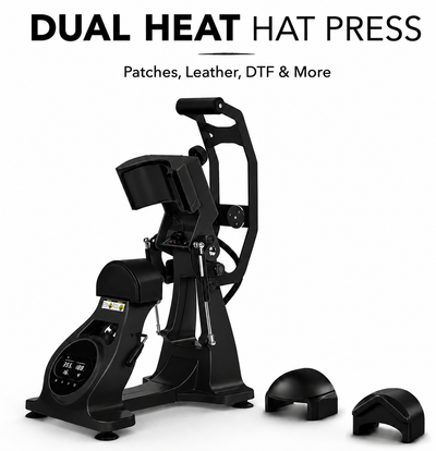 All-black dual heat hat press with three interchangeable platens for patches, leather, DTF transfers, and custom caps.