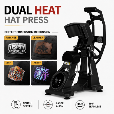All-black dual heat hat press for patches, leather patches, DTF transfers, and custom hat production with touchscreen controls and sample patch hat designs