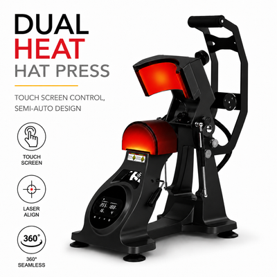 All-black dual heat hat press machine with touchscreen control for custom patch hats, leather patches, DTF transfers, and semi-auto cap production
