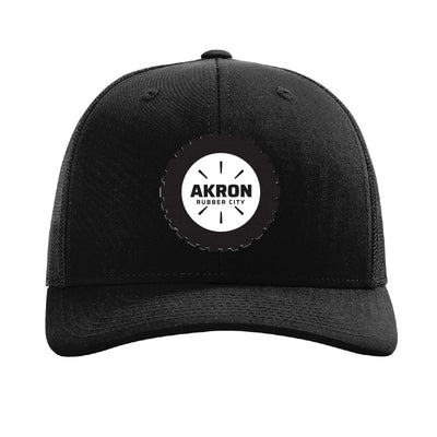 Carbon fiber tire patch trucker hat, Akron Rubber City — Black