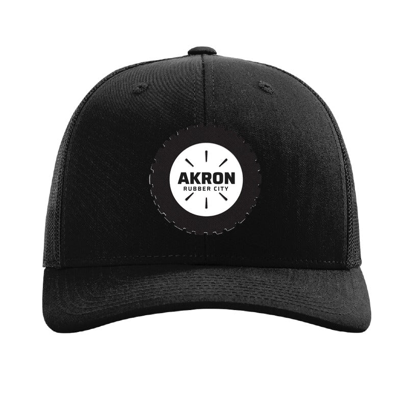 Carbon fiber tire patch trucker hat, Akron Rubber City — Black