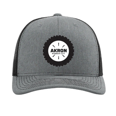 Carbon fiber tire patch trucker hat, Akron Rubber City — Heather Grey/Black