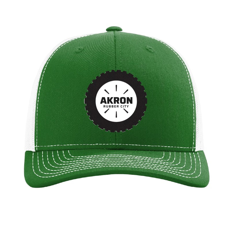 Carbon fiber tire patch trucker hat, Akron Rubber City — Kelly Green/White