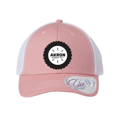 Carbon fiber tire patch trucker hat, Akron Rubber City — Dusty Rose/White (Ponytail)