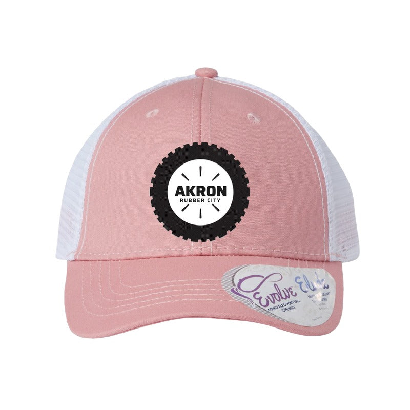 Carbon fiber tire patch trucker hat, Akron Rubber City — Dusty Rose/White (Ponytail)