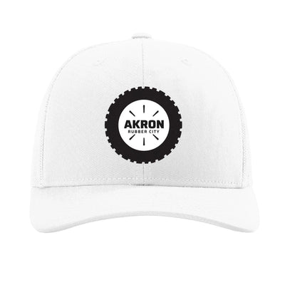 Carbon fiber tire patch trucker hat, Akron Rubber City — White