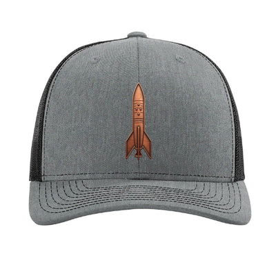 Copper rocket patch trucker hat, Andøya Norway first orbit — Heather Grey/Black