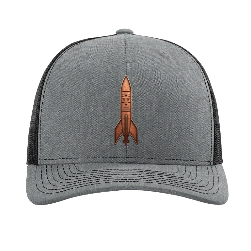 Copper rocket patch trucker hat, Andøya Norway first orbit — Heather Grey/Black