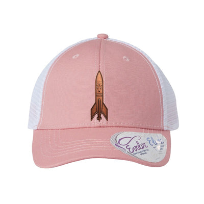 Copper rocket patch trucker hat, Andøya Norway first orbit — Dusty Rose/White (Ponytail)