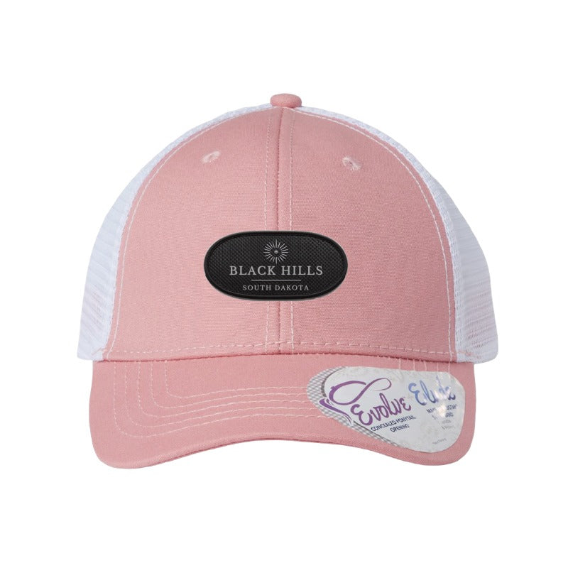 Carbon fiber patch trucker hat, Black Hills South Dakota — Dusty Rose/White Ponytail