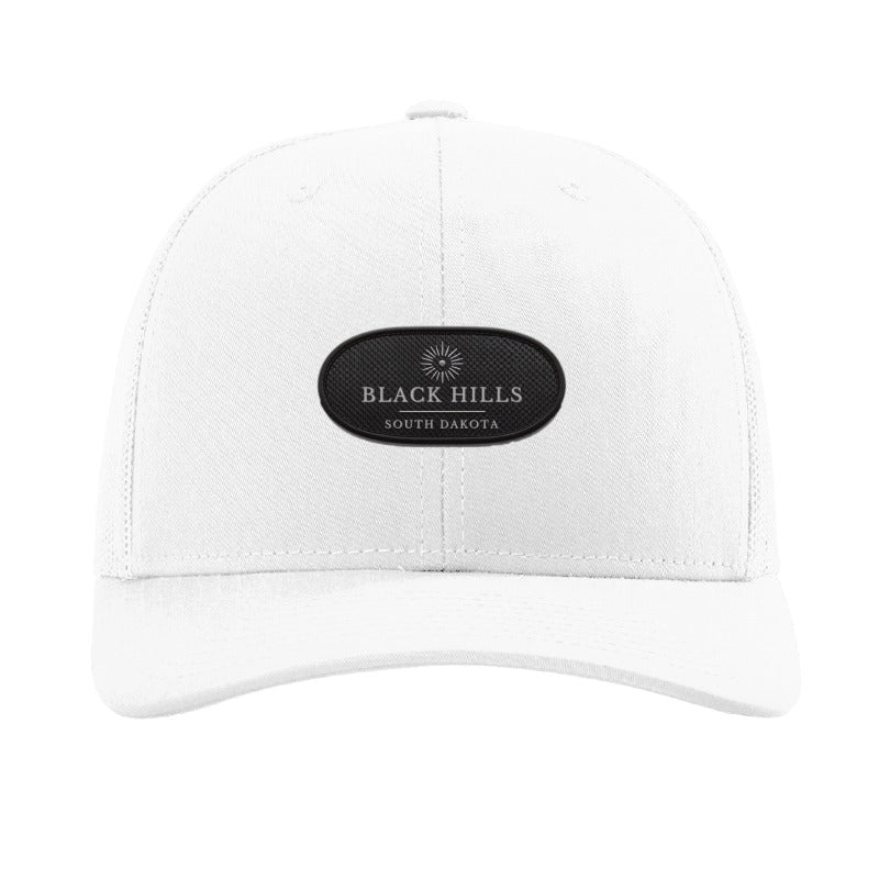 Carbon fiber patch trucker hat, Black Hills South Dakota — White