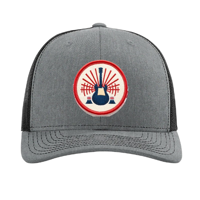 Embroidered electric guitar patch trucker hat, British rock — Heather Grey/Black
