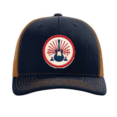Embroidered electric guitar patch trucker hat, British rock — Navy/Caramel