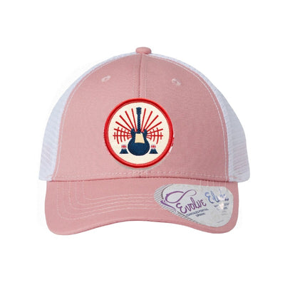 Embroidered electric guitar patch trucker hat, British rock — Dusty Rose/White (Ponytail)