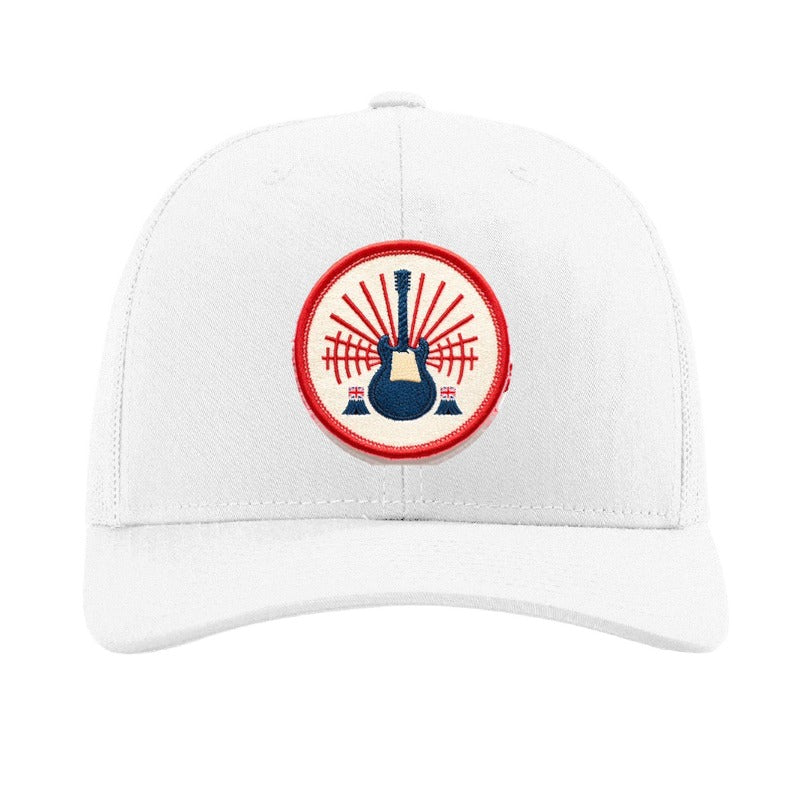 Embroidered electric guitar patch trucker hat, British rock — White