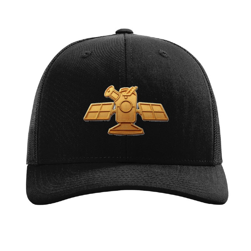 Gold space telescope patch trucker hat, Cape Canaveral — Black