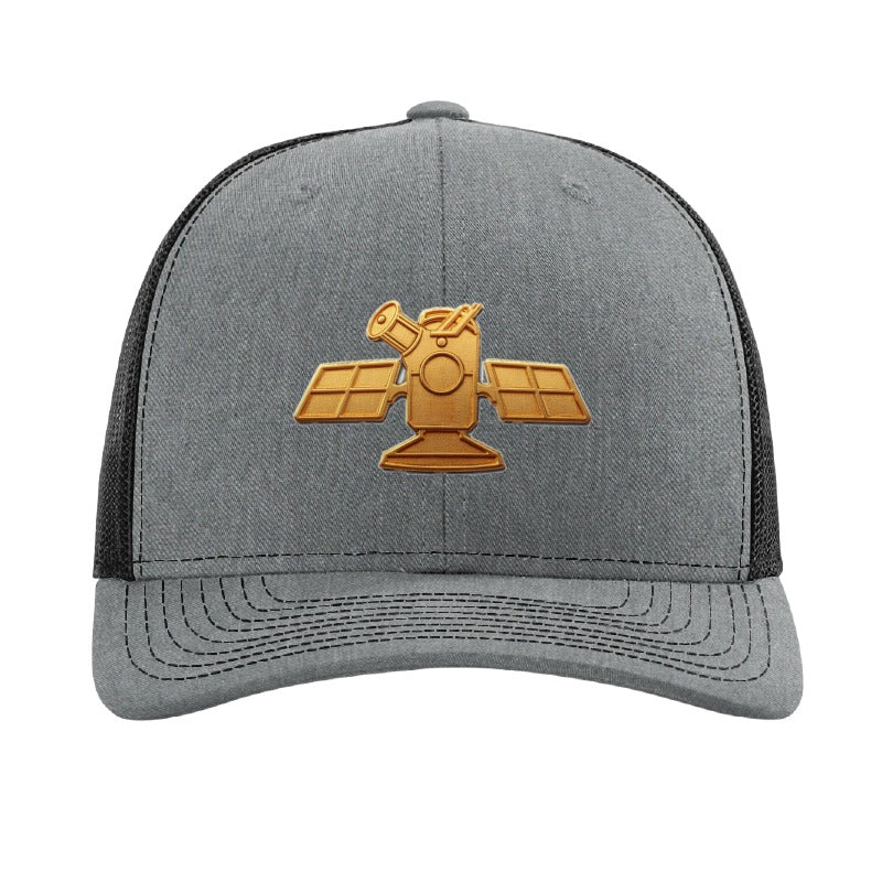 Gold space telescope patch trucker hat, Cape Canaveral — Heather Grey/Black