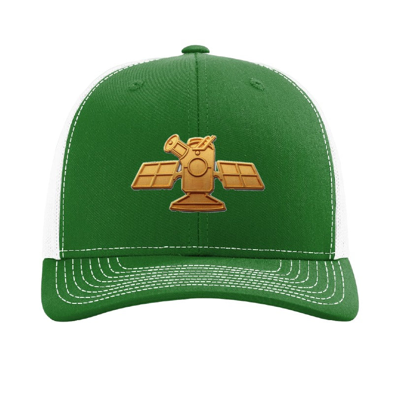 Gold space telescope patch trucker hat, Cape Canaveral — Kelly/White
