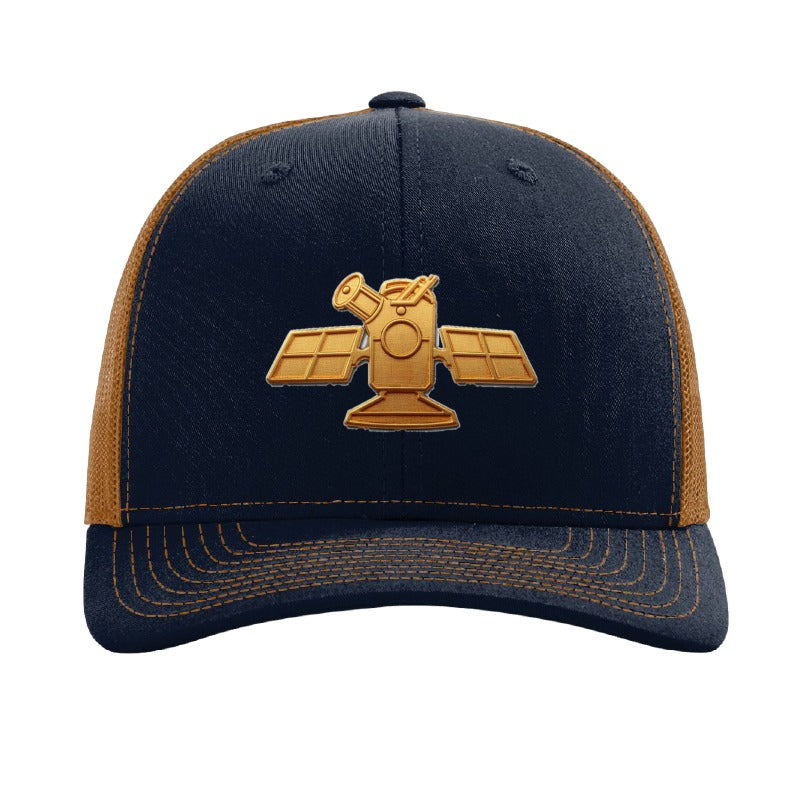 Gold space telescope patch trucker hat, Cape Canaveral — Navy/Caramel