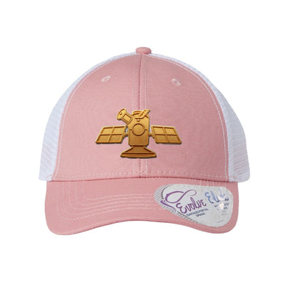 Gold space telescope patch trucker hat, Cape Canaveral — Dusty Rose/White Ponytail