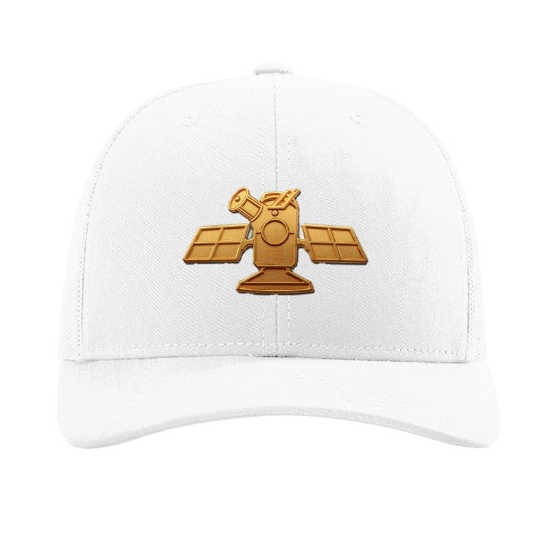 Gold space telescope patch trucker hat, Cape Canaveral — White