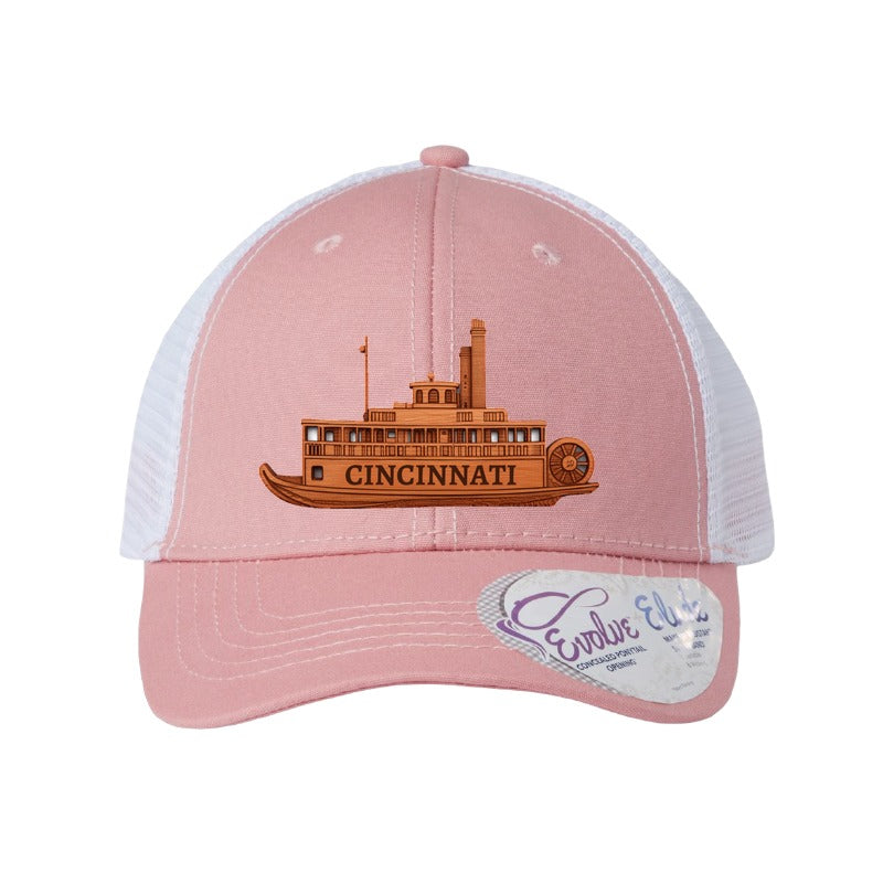 Cincinnati riverboat patch hat — Dusty Rose/White (Ponytail)