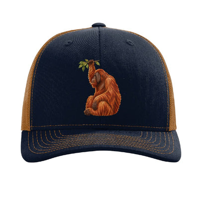 Embroidered orangutan patch trucker hat, Cleveland - Navy/Caramel