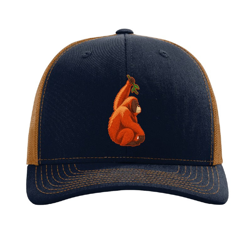 Embroidered orangutan patch trucker hat, Cleveland - Navy/Caramel