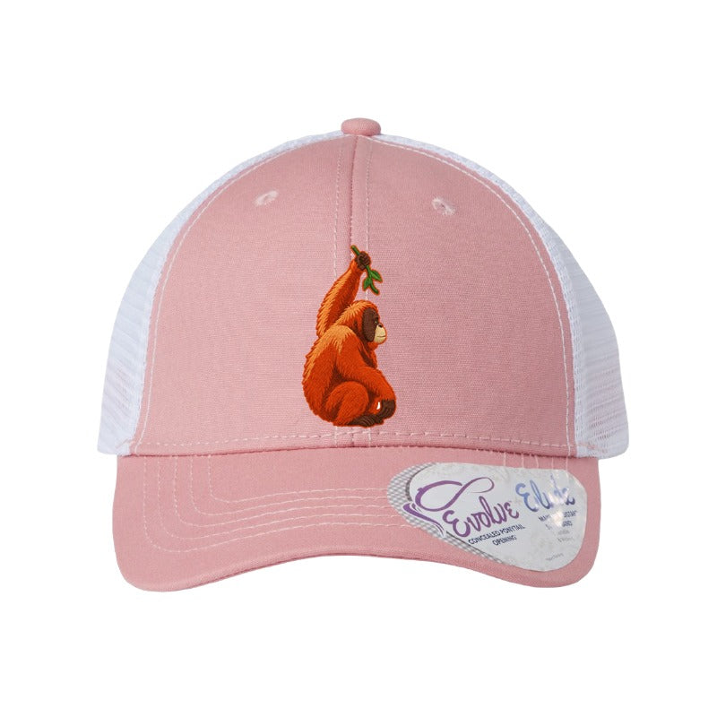 Embroidered orangutan patch trucker hat, Cleveland - Dusty Rose/White (Ponytail)