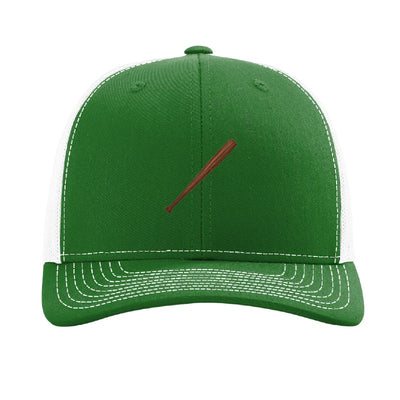 Wood baseball bat patch trucker hat, Cleveland grand slam and walk-off — Kelly Green/White