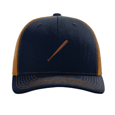 Wood baseball bat patch trucker hat, Cleveland grand slam and walk-off — Navy/Caramel