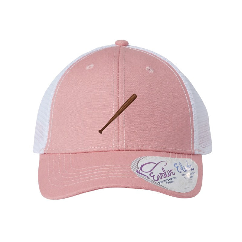 Wood baseball bat patch trucker hat, Cleveland grand slam and walk-off — Dusty Rose/White (Ponytail)