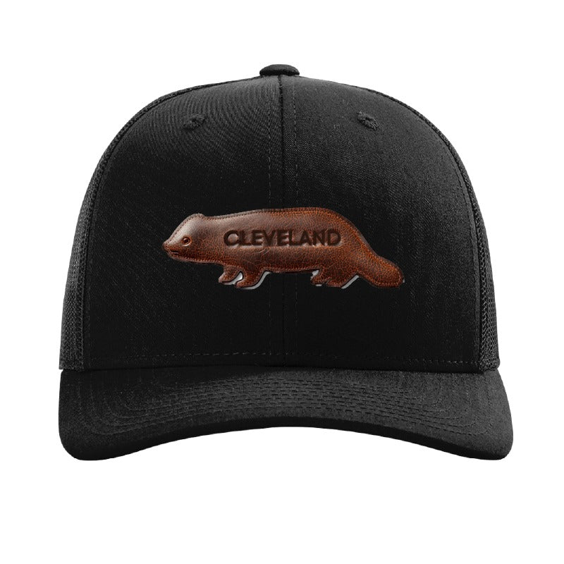 Leather fisher patch trucker hat, Cleveland — Black