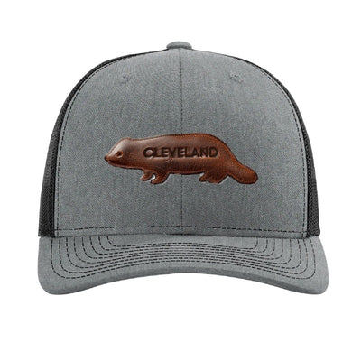 Leather fisher patch trucker hat, Cleveland — Heather Grey/Black