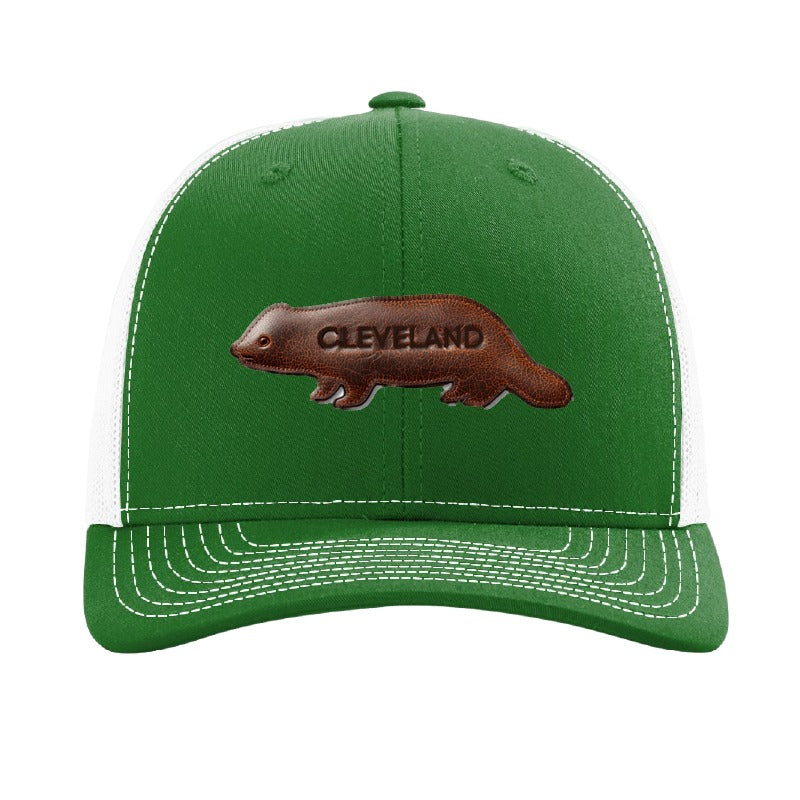Leather fisher patch trucker hat, Cleveland — Kelly/White